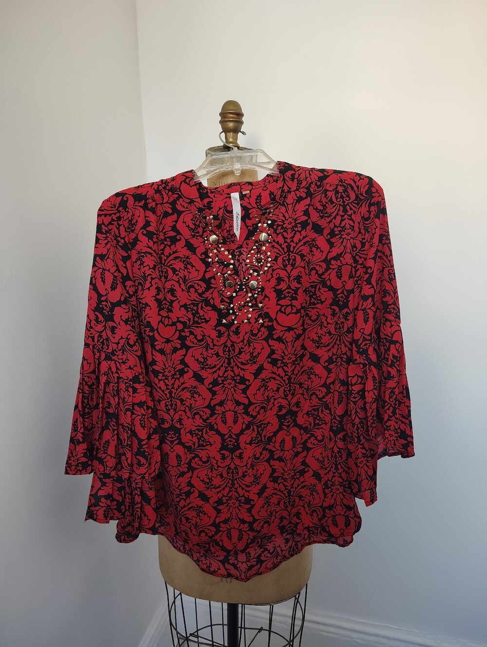 NY Collection Red and Black Beaded Floral Blouse